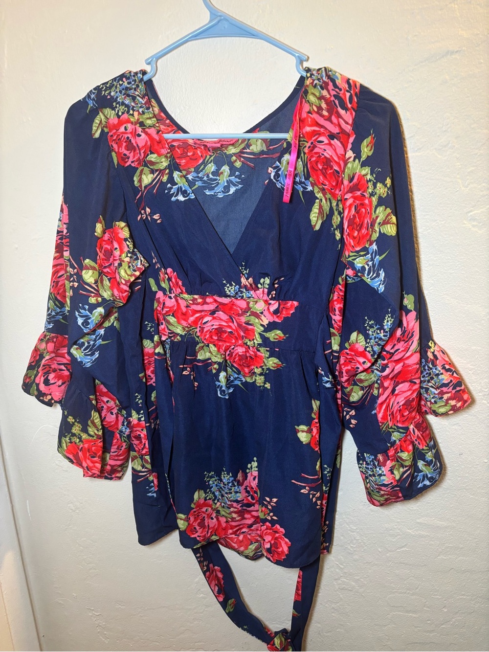Betsey Johnson Navy Floral Wrap Top with Pink Rose Print
